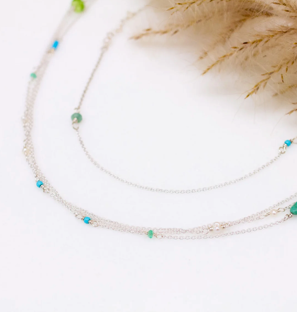 Three Strand Necklace with Turquoise, Pearl and Peridot | Magpie Jewellery