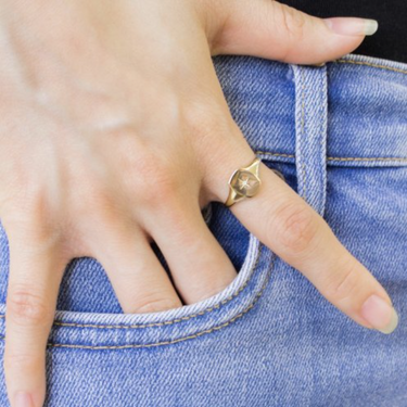 Engraved North Star Diamond Signet Ring 14k Yellow Gold