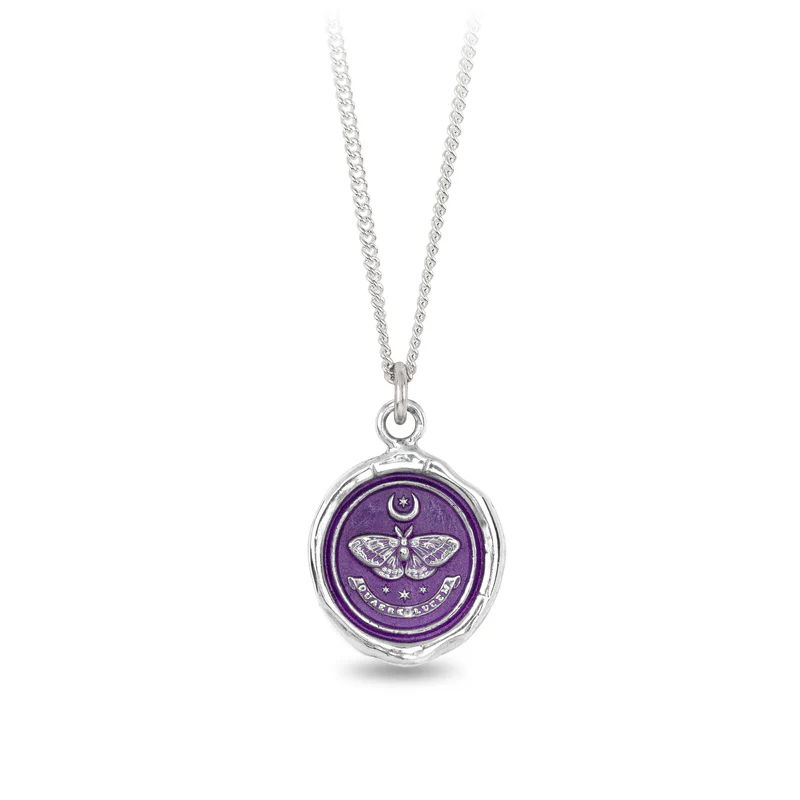 Sterling Silver Necklace with a violet background under a talisman depicting a Moth under a crescent moon, with the text "Quaere Lucem" Written underneath