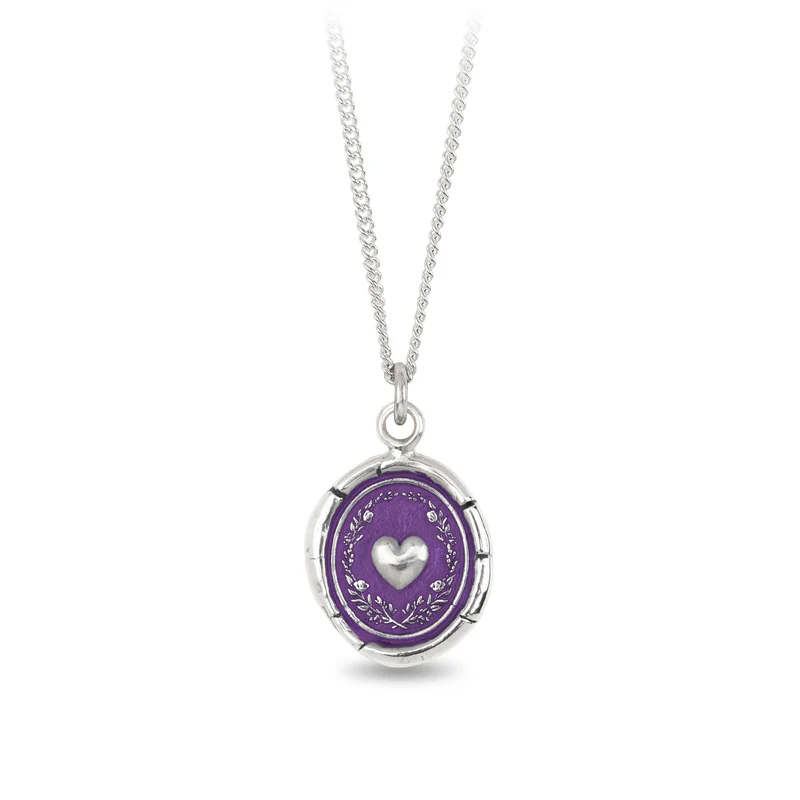 Sterling Silver Necklace with a violet background under a talisman depicting a bold heart surrounded by a floral wreath in the shape of an oval