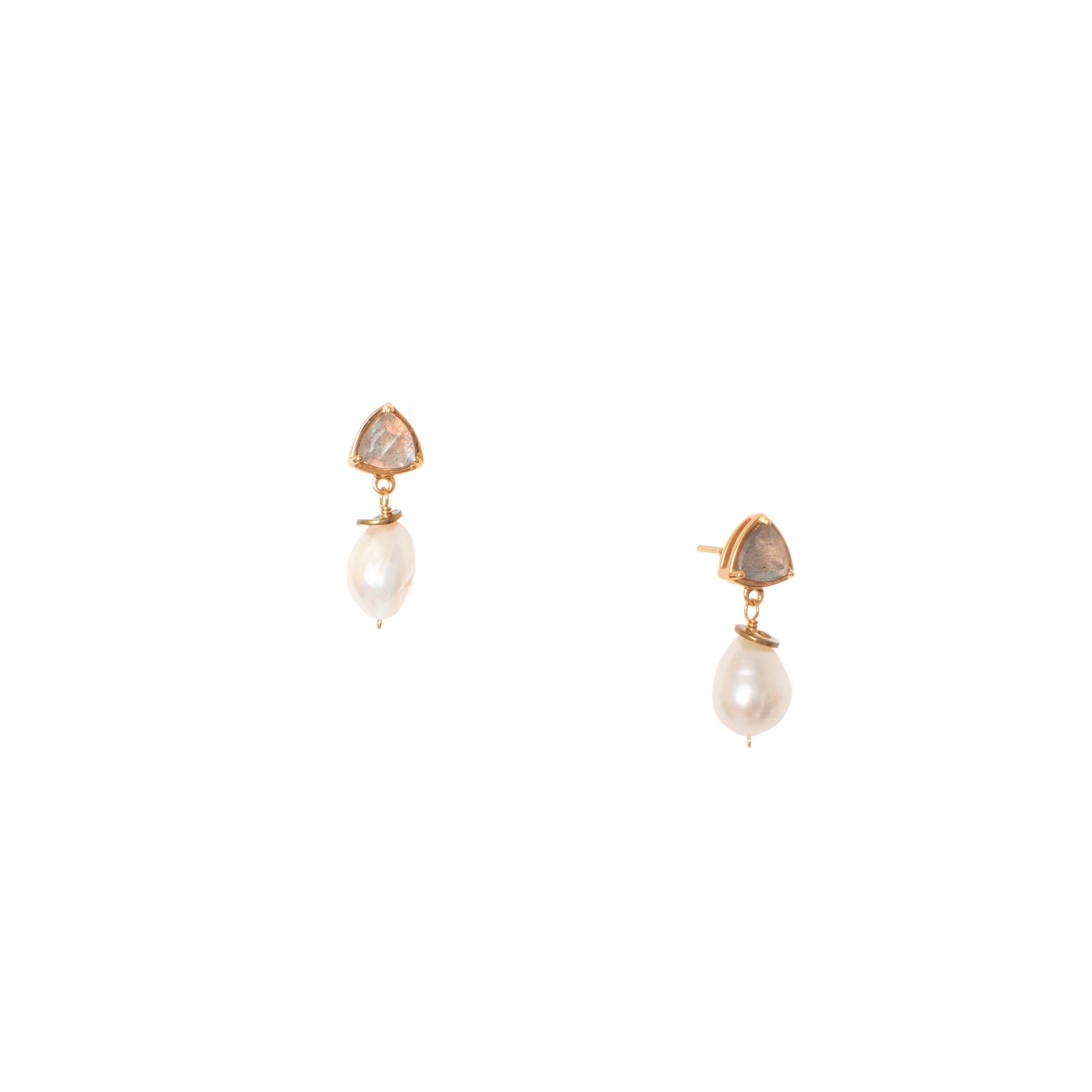 earrings featuring a gemstone trillion stud paired with a lustrous pearl nugget drop and vintage brass accen