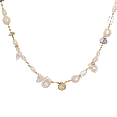 Shore Necklace onstructed from Freshwater Pearls, hand-cut gemstones and reclaimed brass beads and featuring Labradorite, Iolite Green Amethyst.