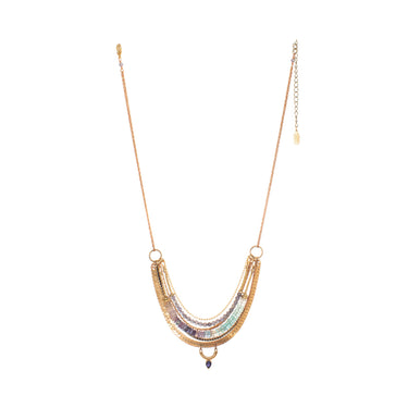 Sidley Necklace, featuring hand-cut strands of Fluorite and Iolite gemstones with electroplated gold Hematitewith  vintage brass chains and accented with a 14K gold Vermeil chain and pendant