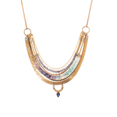 Sidley Necklace, featuring hand-cut strands of Fluorite and Iolite gemstones with electroplated gold Hematitewith  vintage brass chains and accented with a 14K gold Vermeil chain and pendant