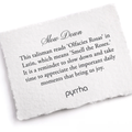 A Pyrrha note describing the Slow Down talisman. It reads, "This talisman reads 'Olfacies Rosas' in Latin, which means 'Smell the Roses.' It is a reminder to slow down and take time to appreciate the important daily moments that bring us joy."