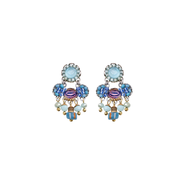 Silver Plated Swar Earrings, featuring Large circular desgins, descending forming a "trinity" pattern, with beads dangling by gold threads below