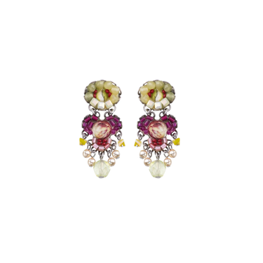 Plated Sterling Silver Earrings  predominantly featuring Many tiny beads with mainly red pruple and earthy tones with dangling beads held together by silver chain