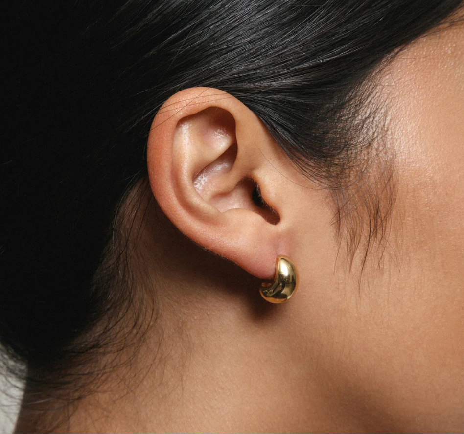 14k Gold plated brassdome hoops with 14k gold posts | on model