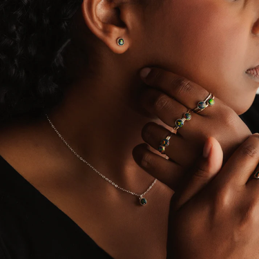 Sterling Silver Stacking Ring featuring with a Bold Black opal gemstone | on model