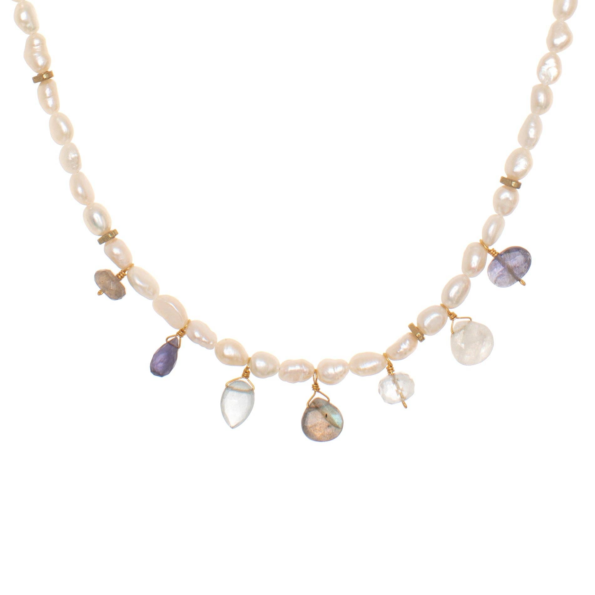 Storm Necklace features beautiful Freshwater Pearls with a wintry rainbow of gemstone drops - including Labradorite, Iolite, Aquamarine, Green Amethyst &amp; Moonstone. Reclaimed brass beads are asymmetrically spaced throughout 