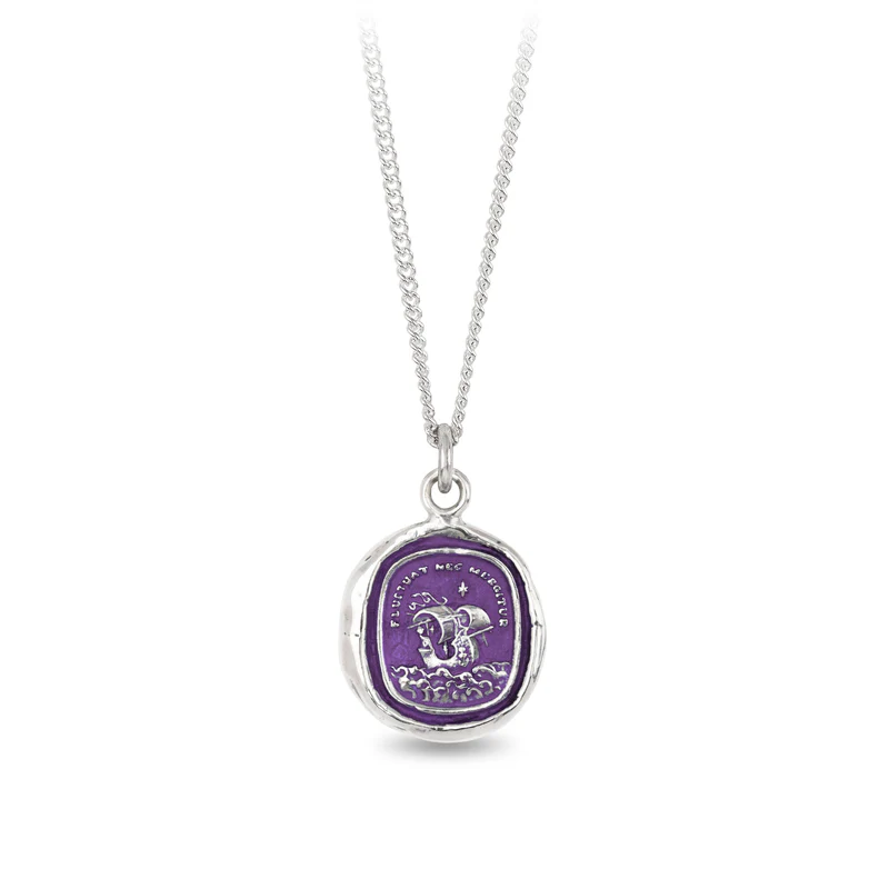 Sterling SIlver Necklace with a violet Background under a talisman depicting  A sailing ship in a sea, with a single star in the sky, and the words, 'Fluctuat Nec Mergitur' Written above it