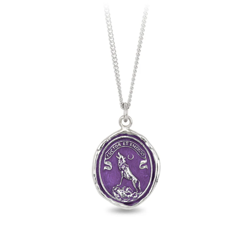 Sterling Silver Necklace with a violet background under a talisman depicting A wolf howling on the perch of a mountain, with the words Luctor et Emergo written above