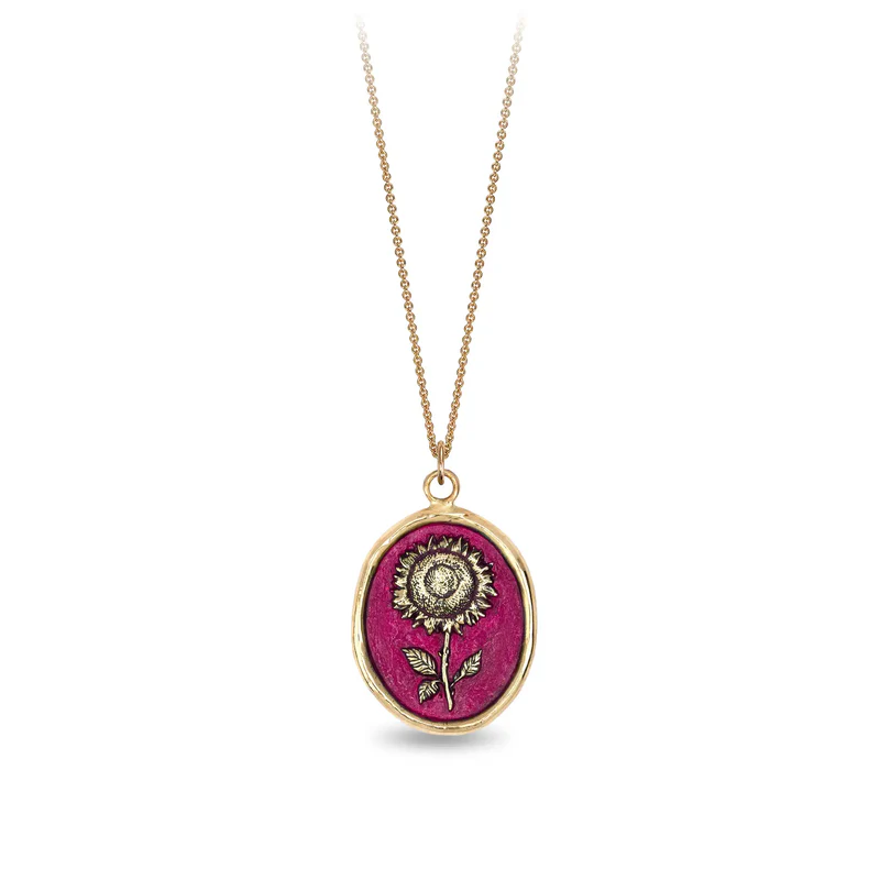 14k Yellow gold talisman necklace with a bright red background depicting a tall sunflower