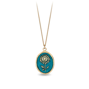 14k Yellow gold talisman necklace with a bright blue background depicting a tall sunflower