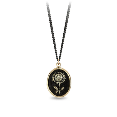 Black sterling silver necklace with a 14k gold talisman depicting a tall sunflower
