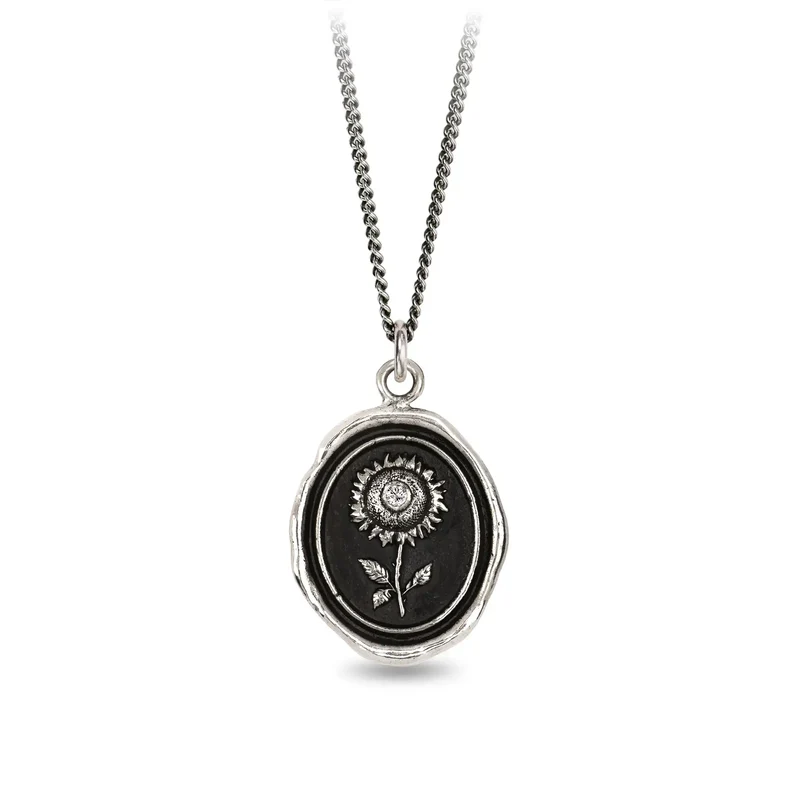 Sterling SIlver talisman necklace depicting a Tall upright sunflower