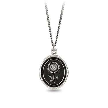 Sterling SIlver talisman necklace depicting a Tall upright sunflower