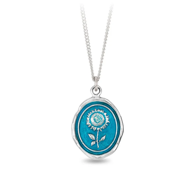 Sterling silver necklace with talisman featuring a bright blue background depicting a large sunflower
