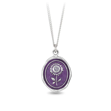 Sterling silver talisman necklace with a bright purple background depicting a large upright sunflower