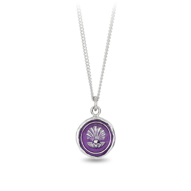 Sterling Silver Necklace with a violet background under a talisman depicting a oyster shell with a pearl in the center