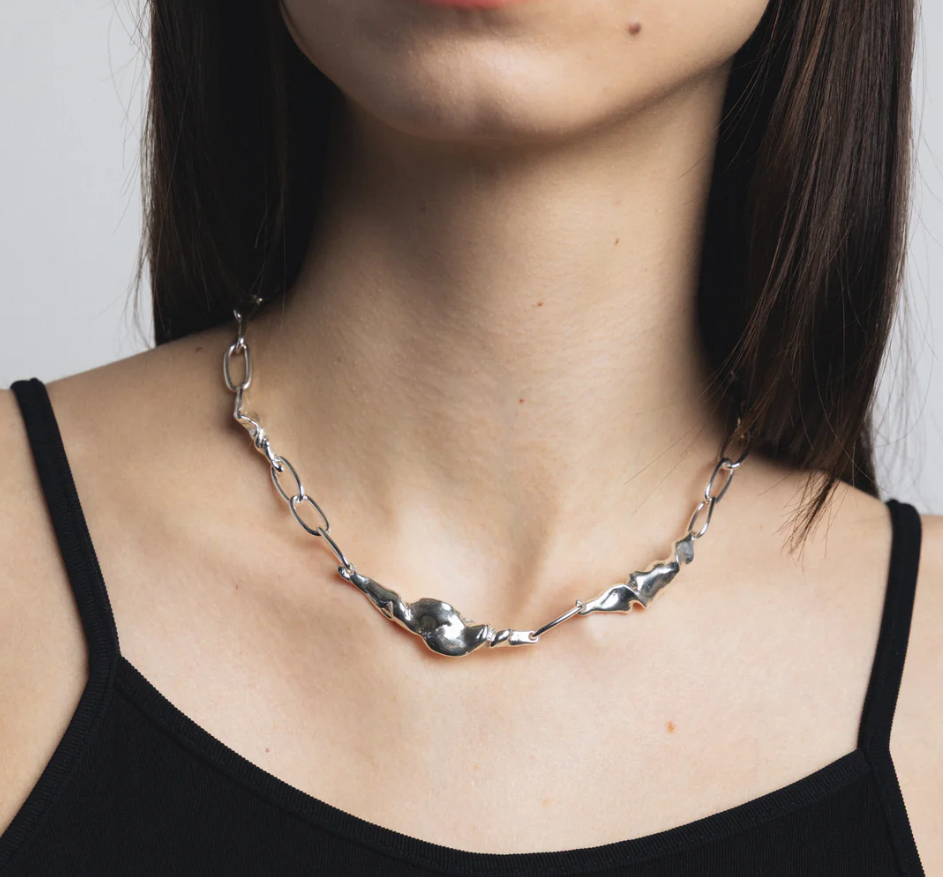 17" Silver plated brass cable chain necklace with organic links | on model