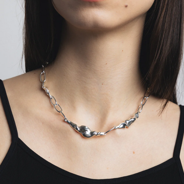 17" Silver plated brass cable chain necklace with organic links | on model