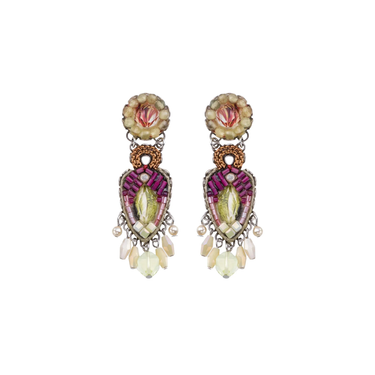 Plated Sterling Silver Earrings predominantly featuring Beige and Red purple tones, designed in a feather shape with dangling stones, surrounding a gemstone embeded within