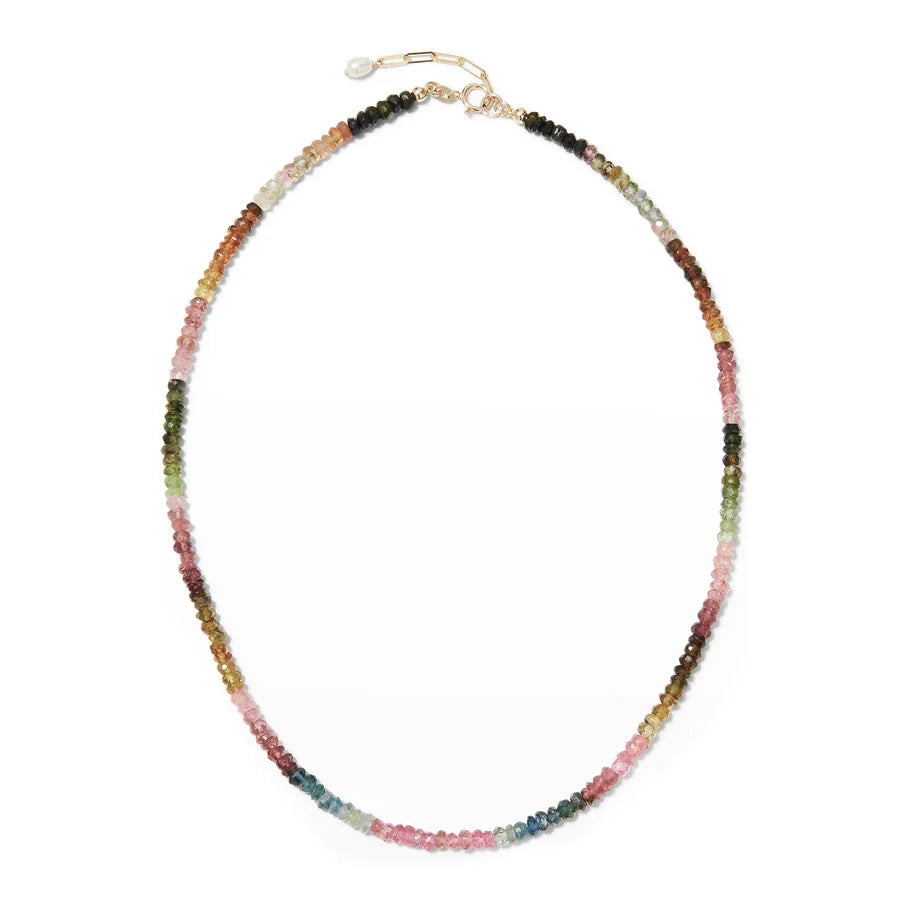Tourmaline necklace featuring carefully-selected 4mm Watermelon Tourmaline beads, securely placed along a 14k gold clasp