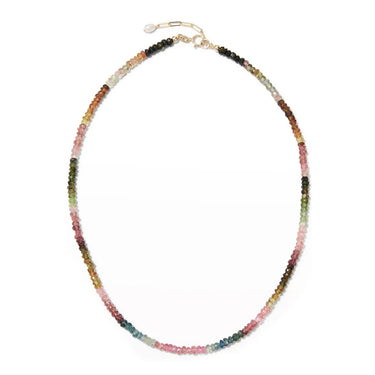 Tourmaline necklace featuring carefully-selected 4mm Watermelon Tourmaline beads, securely placed along a 14k gold clasp