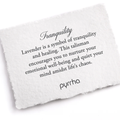 A Pyrrha note describing the Tranquility talisman. It reads, "Lavender is a symbol of tranquility and healing. This talisman encourages you to nurture your emotional well-being and quiet your mind amidst life's chaos."