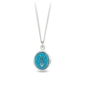 Sterling Silver Necklace with a bright blue background underneath a talisman depicting A blooming lavender plant