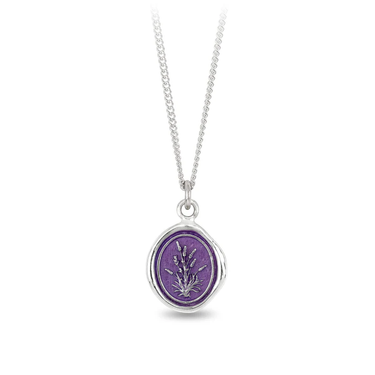 Sterling Silver Necklace with a violet background under a talisman depicting a lavender plant