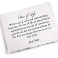 A Pyrrha note describing the Tree of Life Talisman. It reads, "With its deep roots and ever reaching branches, the tree of life on this talisman symbolizes our journey of continuous growth and the interconnectedness of life. It is a reminder that we are never truly alone."