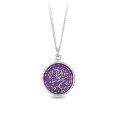 Sterling Silver Necklace with a voilet Background under a talisman depicting  a large tree with many leaves and long roots