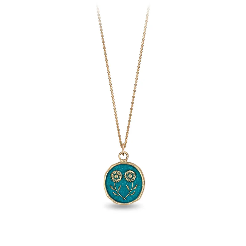 14k Yellow gold talisman necklace with a bright Blue background depicting 2 mirrored daises touching at their stems