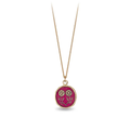 14k Yellow gold talisman necklace with a bright red background depicting 2 mirrored daises touching at their stems