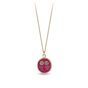 14k Yellow gold talisman necklace with a bright red background depicting 2 mirrored daises touching at their stems