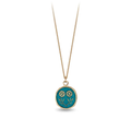 14k Yellow gold talisman necklace with a bright Blue background depicting 2 mirrored daises touching at their stems