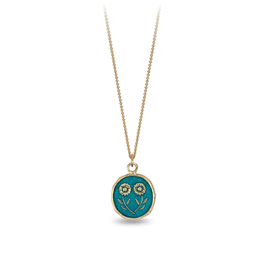 14k Yellow gold talisman necklace with a bright Blue background depicting 2 mirrored daises touching at their stems