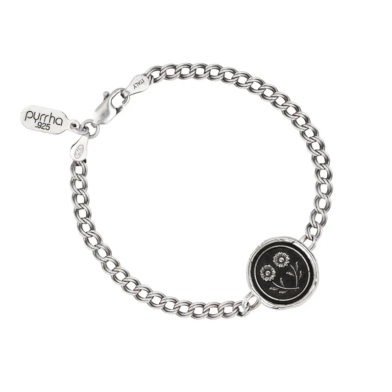 sterling silver chain bracelet including a talisman depicting 2 Daisies connected at their stems