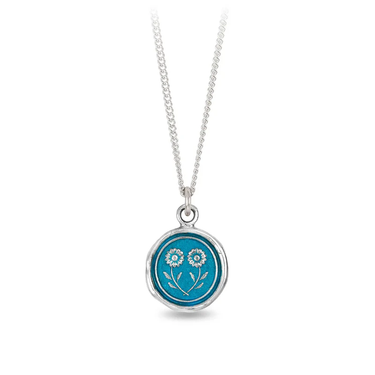 Sterling Silver talisman necklace with a bright blue background depicting two daisies touching together at their stems