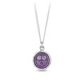 Sterling Silver talisman necklace with a bright violet background depicting two daisies connected at their stems.