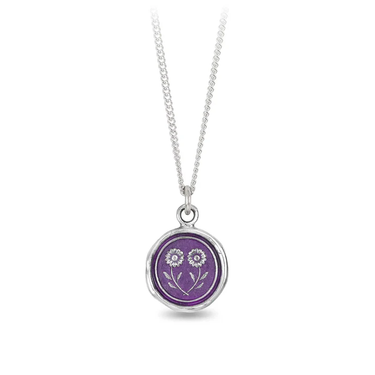 Sterling Silver talisman necklace with a bright violet background depicting two daisies connected at their stems.