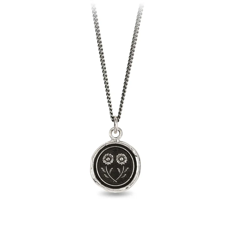 sterling silver necklace including a talisman depicting 2 Daisies connected at their stems