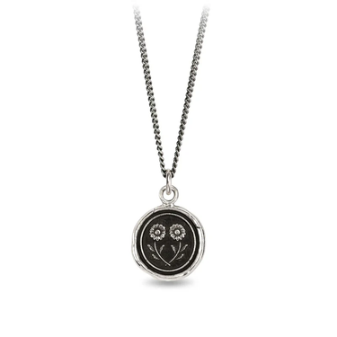 sterling silver necklace including a talisman depicting 2 Daisies connected at their stems