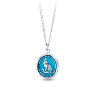 Bright Sterling silver necklace with a talisman depicting a sitting fox with a bright blue background