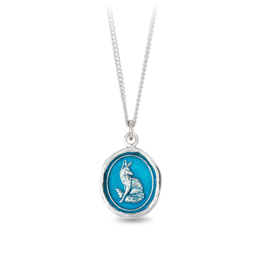 Bright Sterling silver necklace with a talisman depicting a sitting fox with a bright blue background