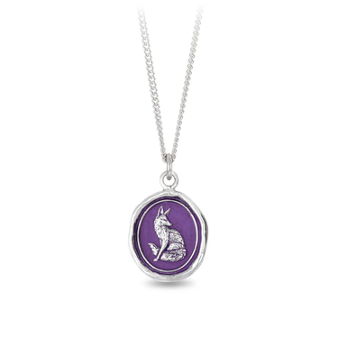 Sterling Silver Necklace with a violet background under a talisman depicting a fox
