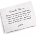 A Pyrrha Note describing the Trust the Universe talisman. It reads, "The moon and stars on this talisman remind us to trust in something bigger than ourselves. When we give up control and surrender to what is, we can more clearly see a path forward."