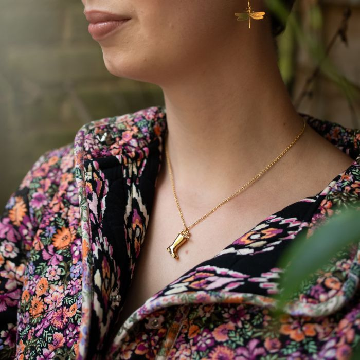 Gold Plated Silver Necklace with a Boot Pendant with Tulips coming out of it | On Model